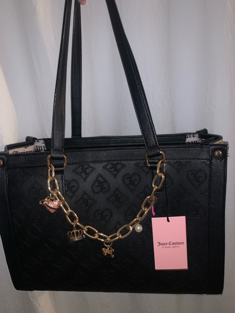 🆕-Juicy Couture LIQUORICE Embossed Tote & Gold Charm WRISTLET Set - Picture 12 of 14